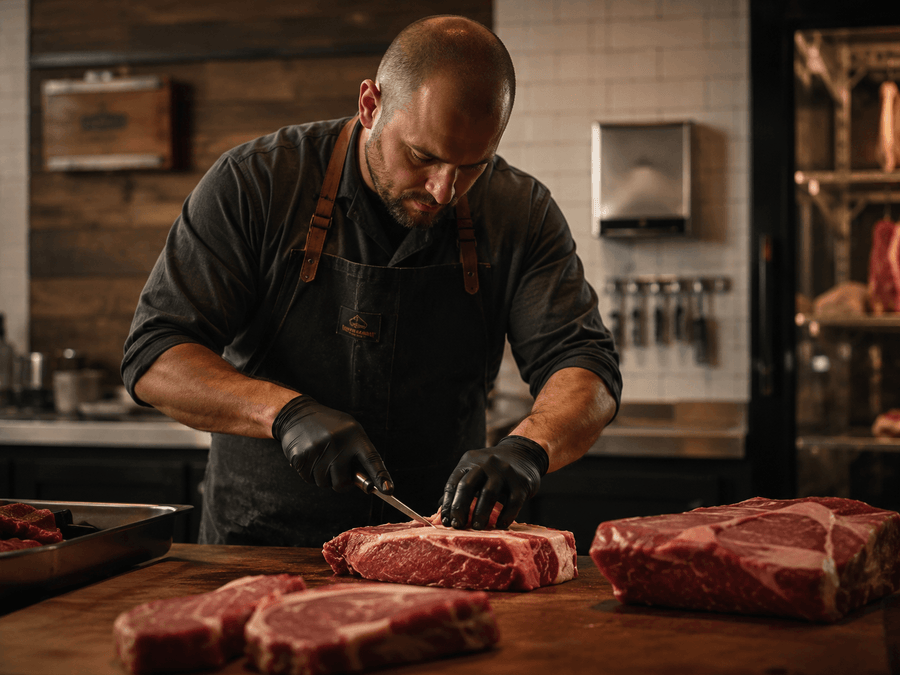 A butcher breaking down beef at the Home Place Pastures processing facility