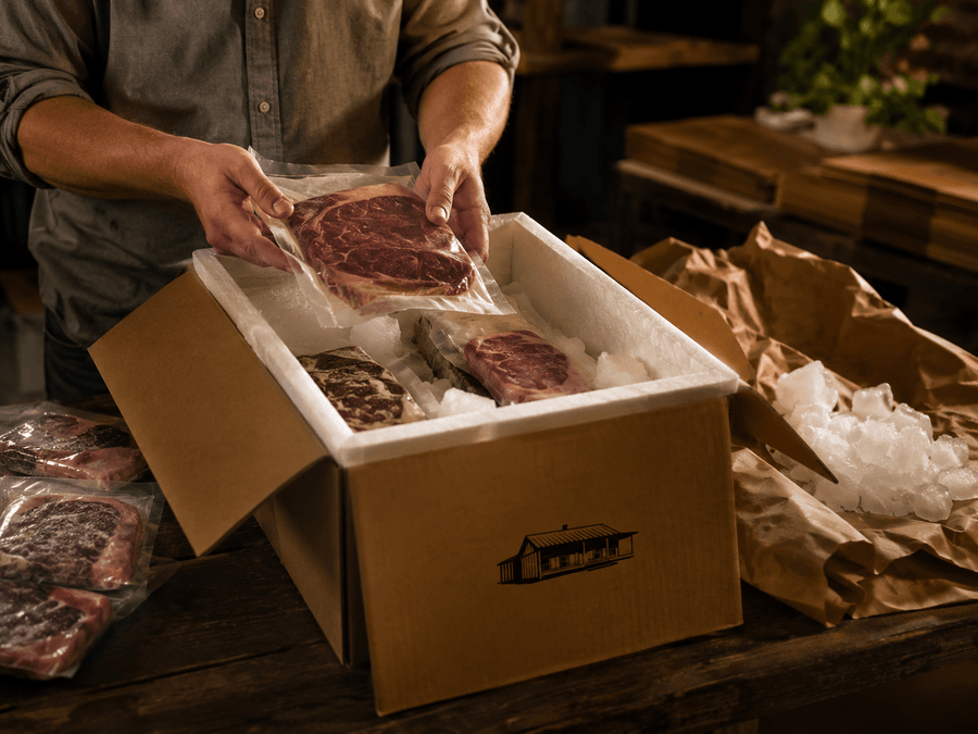 Vacuum-sealed cuts being packed for shipment at Home Place Pastures