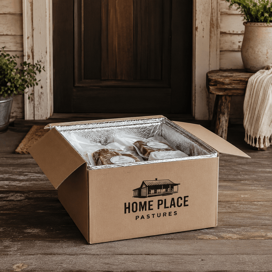 A Home Place Pastures delivery box on a customer's doorstep