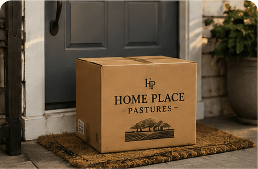 A Home Place Pastures box delivered to a front door